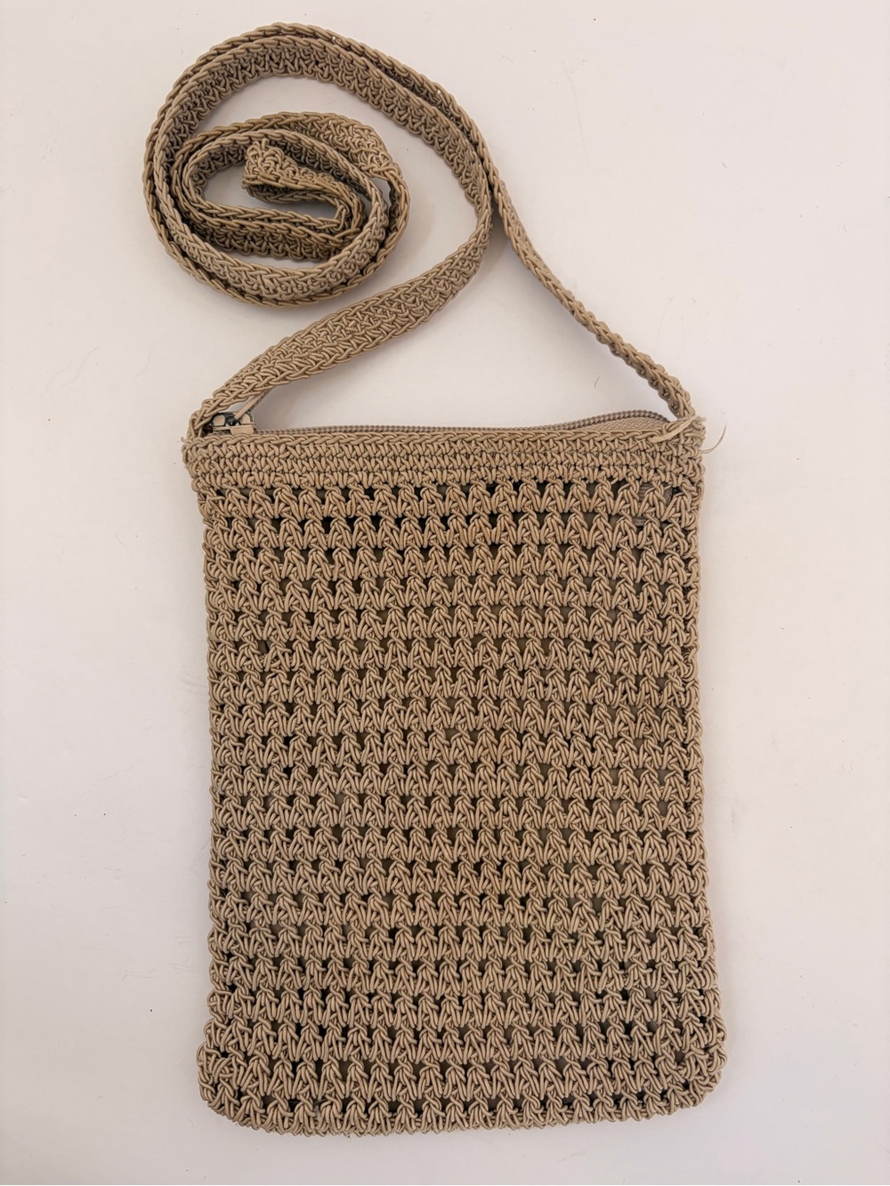 Handcrafted Tan Crochet Crossbody Bag - Unbranded